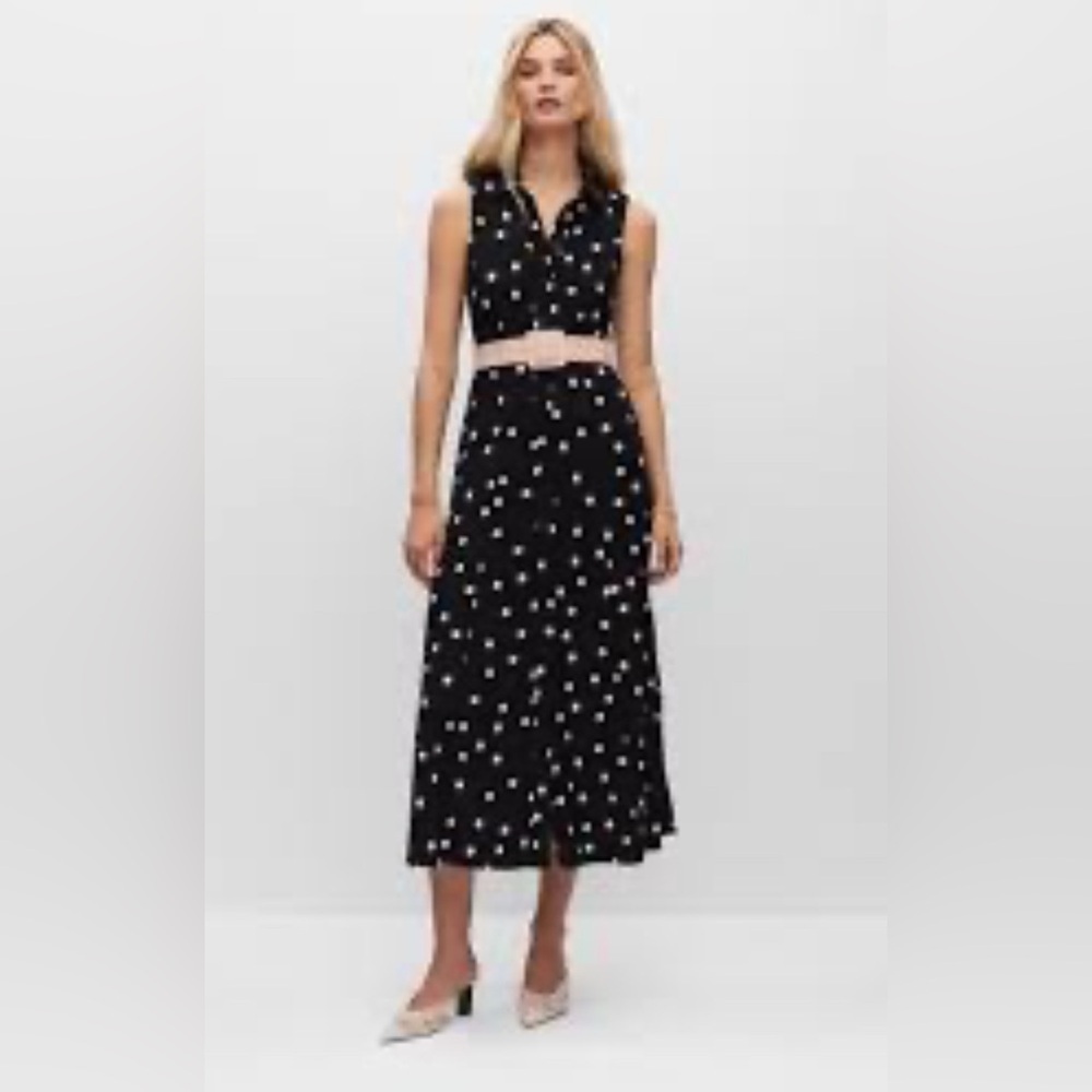 MELANIE LYNE SZ 10 Jersey Knit Polka Dot Collar Button Up Midi Dress Sleeveless
